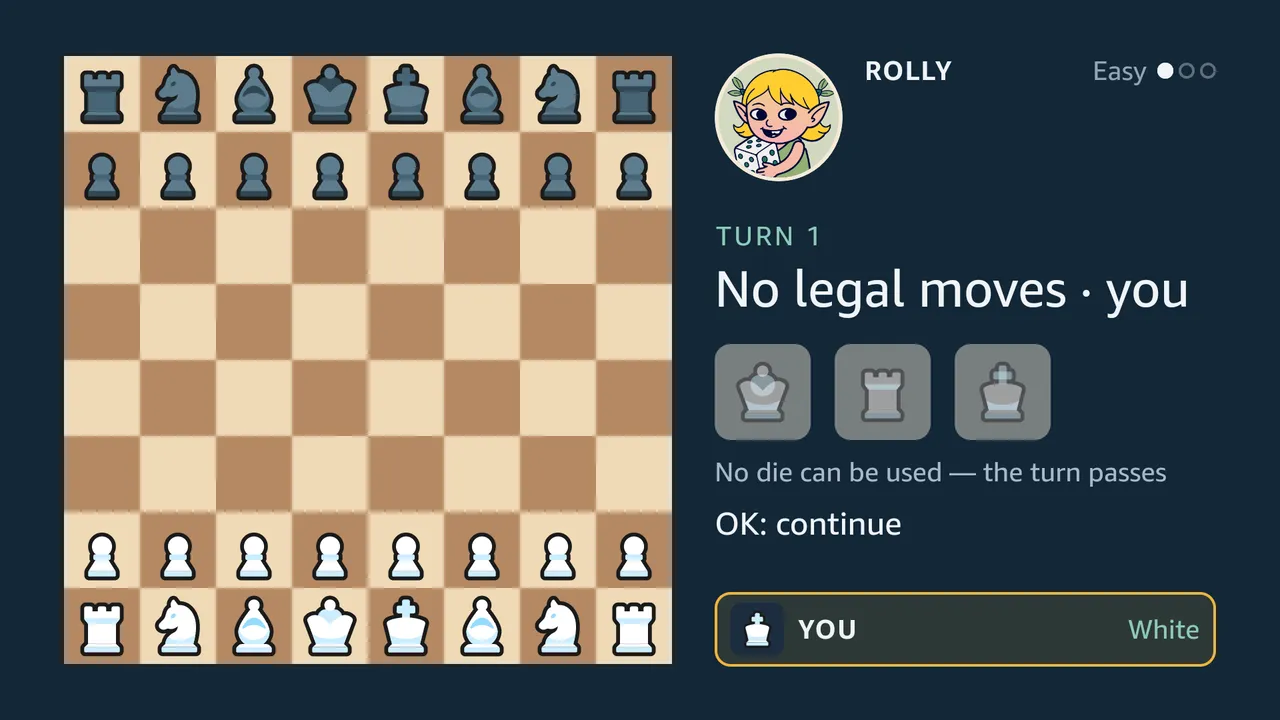 A roll with nothing to play against Rolly: the headline reads No legal moves, the three dice are dimmed, and the reason is written under them