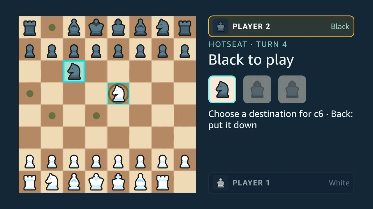 A hotseat game: Black's knight is picked up, its destinations are dotted, the cursor rests on the ringed capture, and three dice sit beside the board