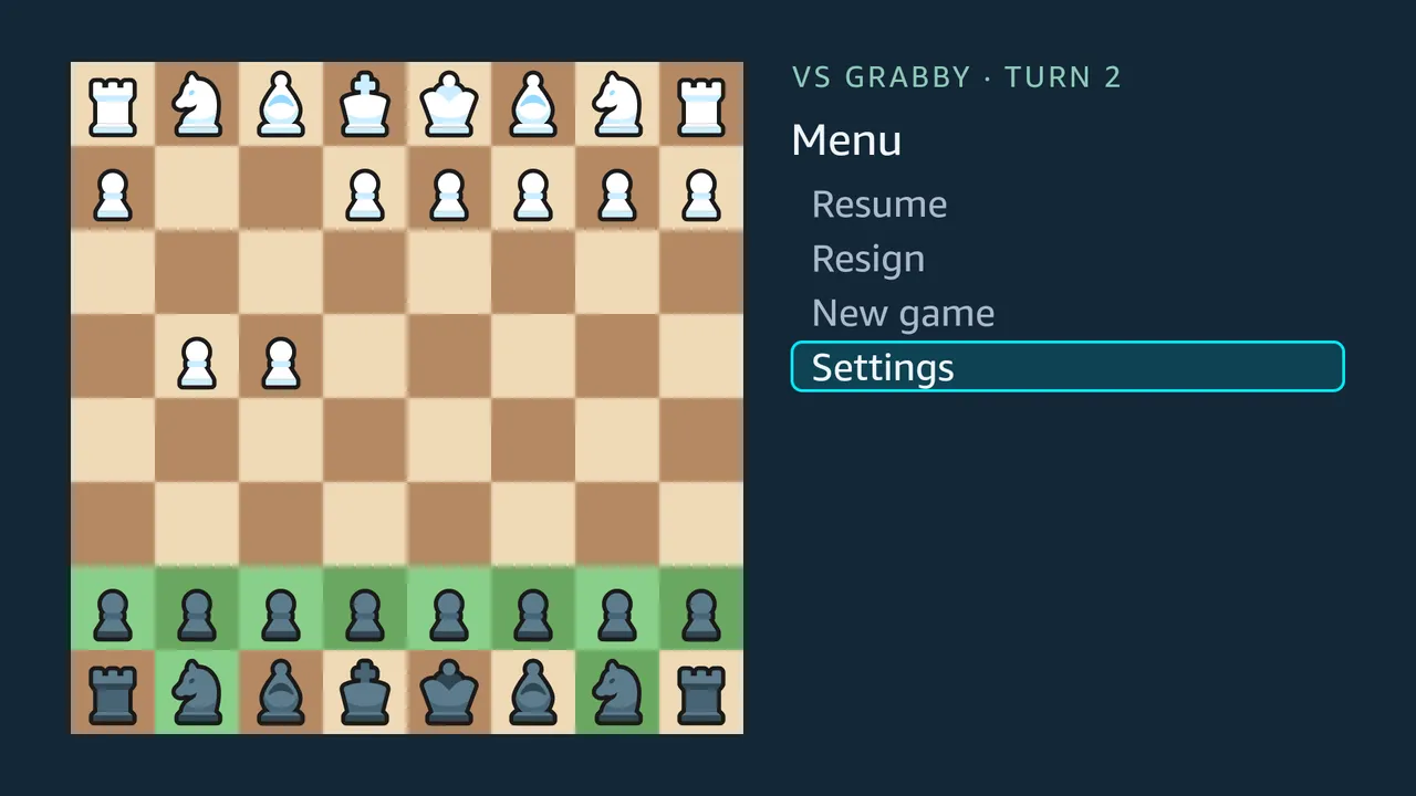 The game menu with Settings focused