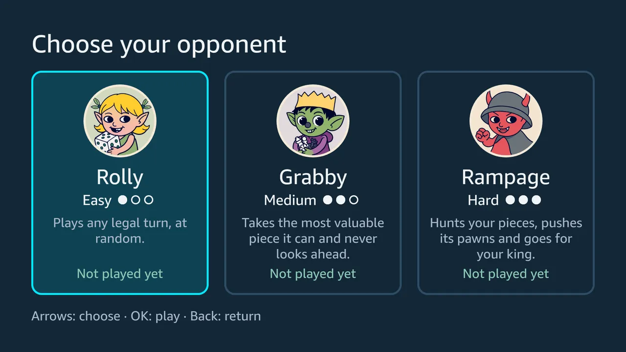 The choice of opponent: three cards, Rolly, Grabby and Rampage, each with a portrait, a level, a line on how it plays and your record against it