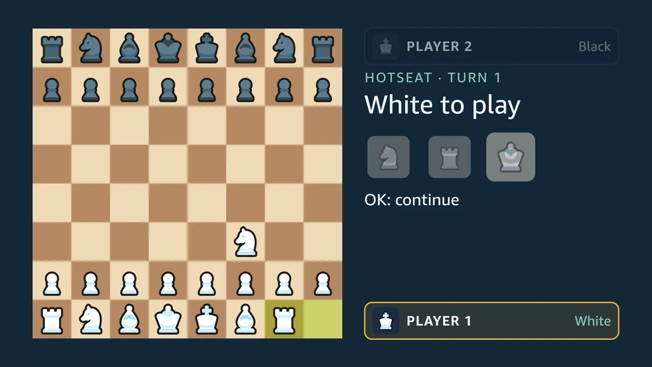 A turn that ended with a die left over: the knight and the rook dice are spent, smaller and faded, and the queen die is dimmed at full size without its ring