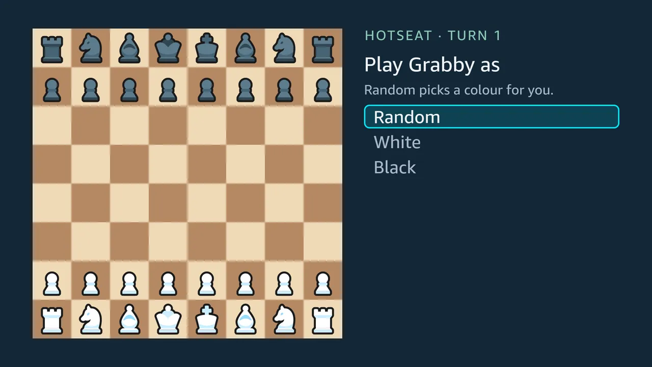 The colour choice before a game against Grabby: Random, White or Black