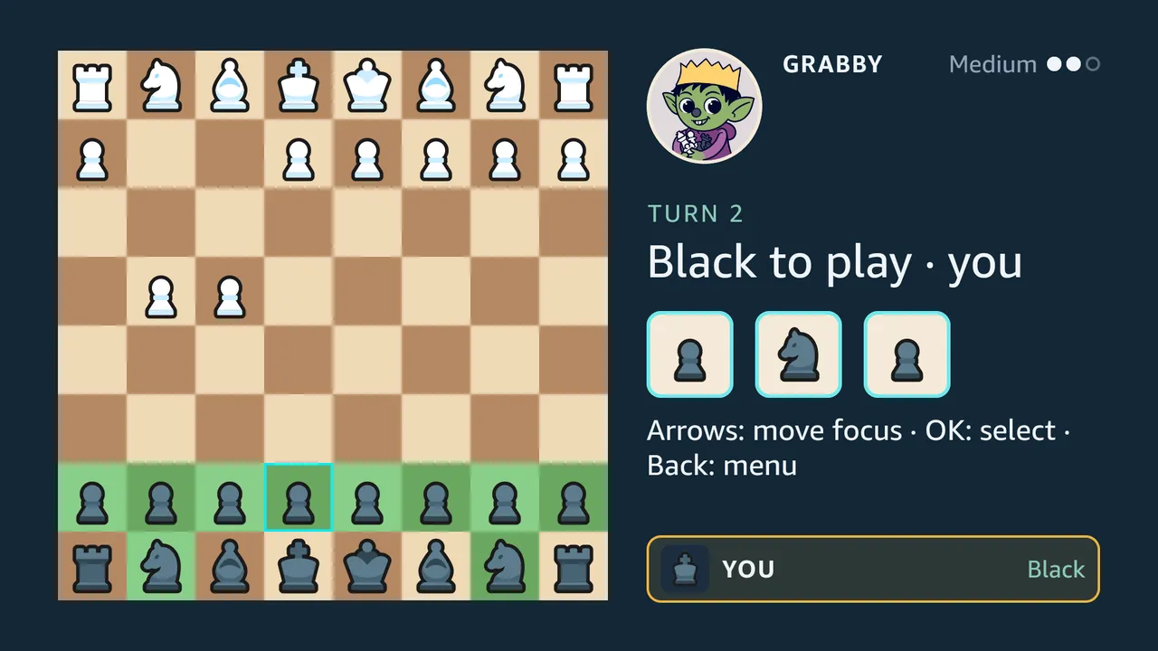 Playing Black against Grabby, with the board turned so that Black is at the bottom and Grabby's portrait at the top