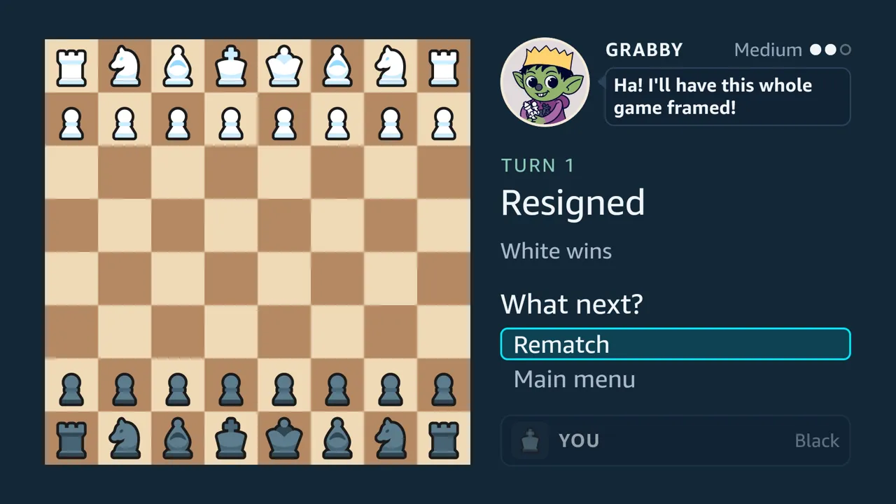 After resigning as Black against Grabby: Grabby wins, You resigned, Grabby’s last word, Ha! I’ll have this whole game framed!, beside its portrait, and the choice of Rematch or Main menu