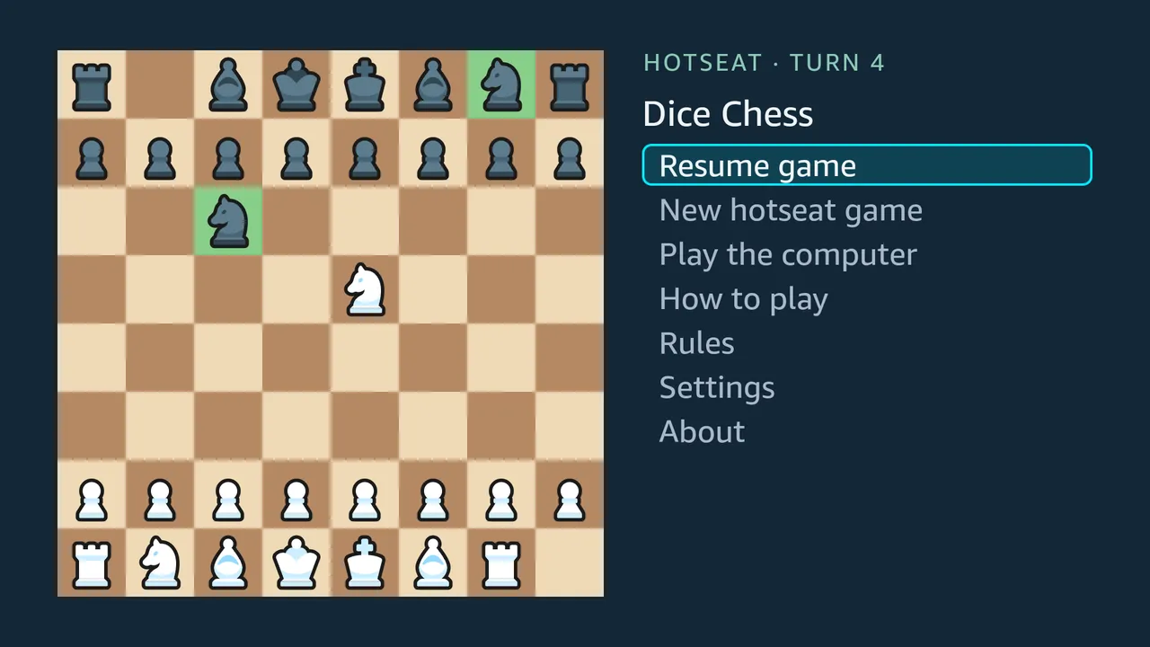 The home screen with Resume game focused over a game in progress